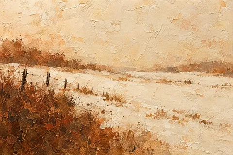 A snowfield with one dark fence line in cream, stone, brown, terracotta; landscape artwork.
