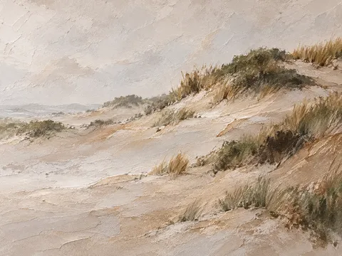 A dune field with sparse grass in stone, sand, taupe, cream; landscape artwork.