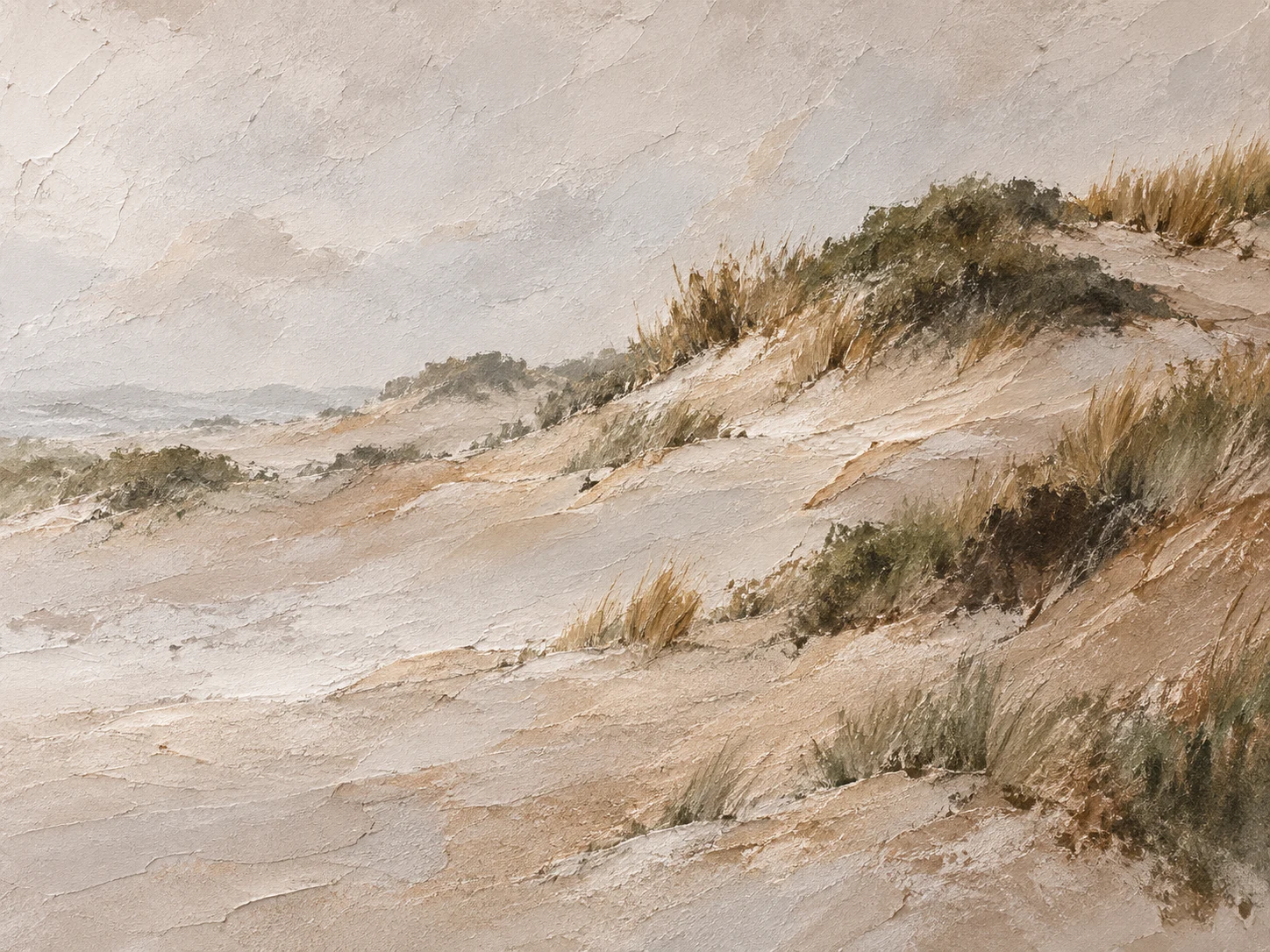 A dune field with sparse grass in stone, sand, taupe, cream; landscape artwork.