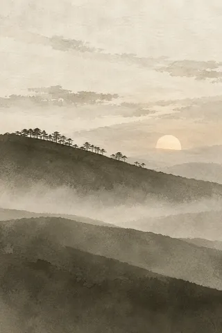 A single tree line on a ridge at dusk in cream, stone, olive, charcoal; portrait artwork.