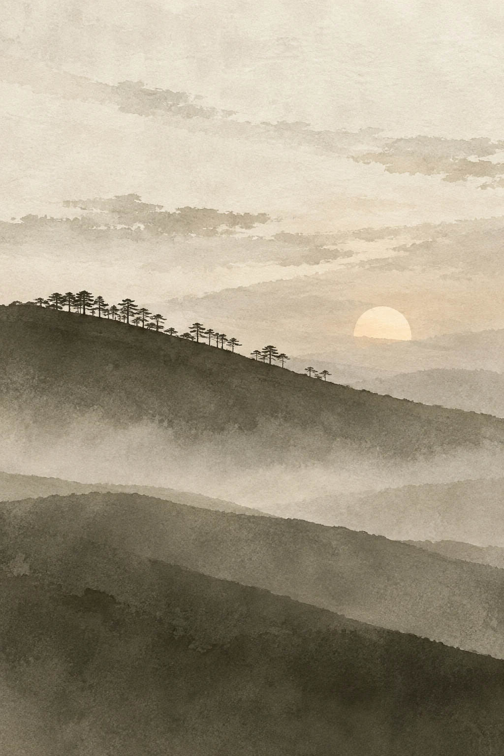 A single tree line on a ridge at dusk in cream, stone, olive, charcoal; portrait artwork.