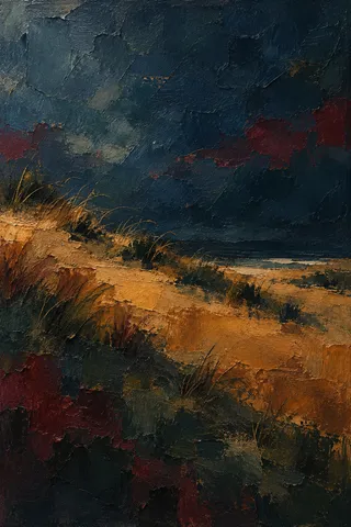 A dune field with sparse grass in black, navy, terracotta, burgundy; portrait artwork.