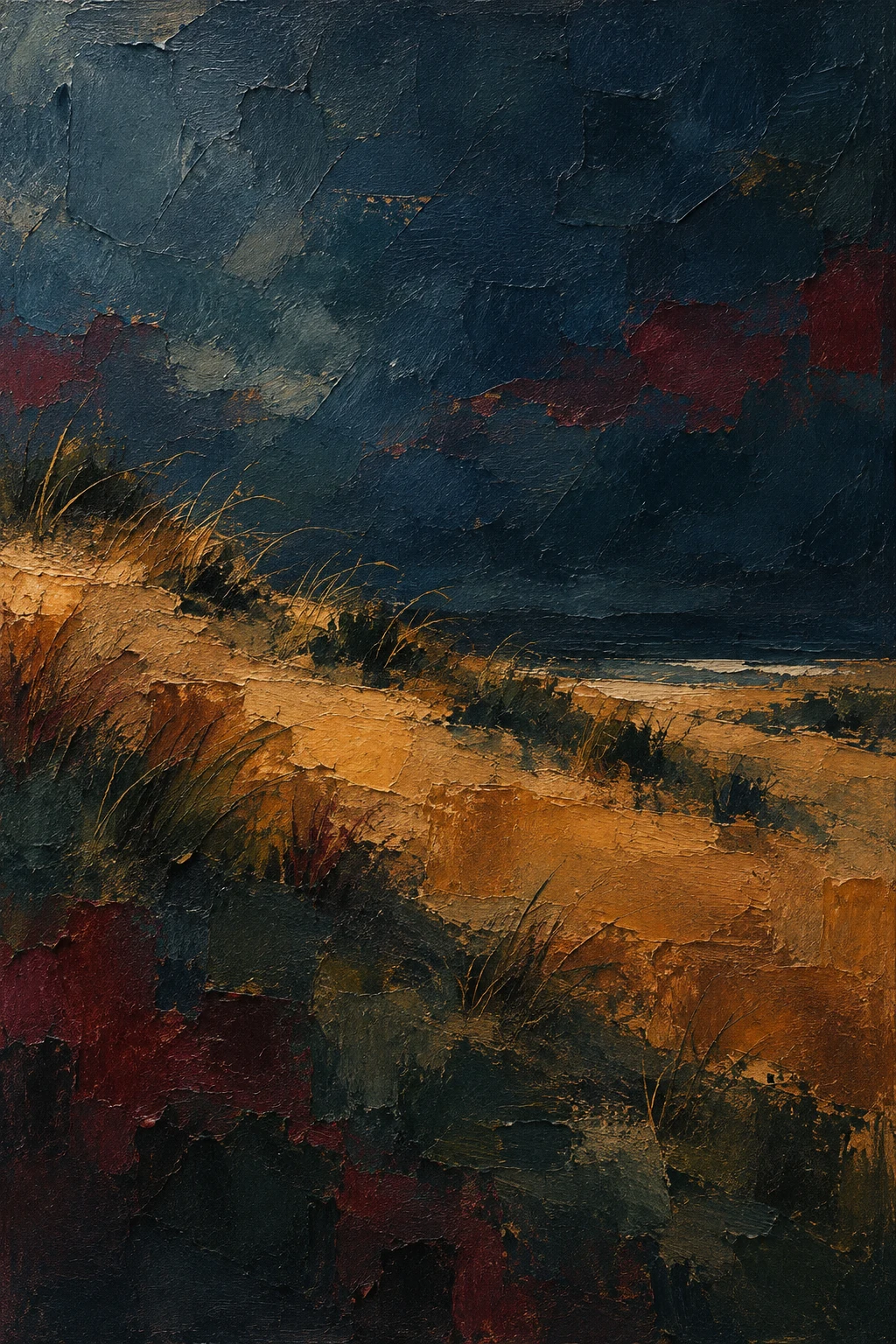 A dune field with sparse grass in black, navy, terracotta, burgundy; portrait artwork.