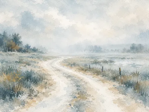 A dirt road curving into fog in cream, stone, white, gray; landscape artwork.