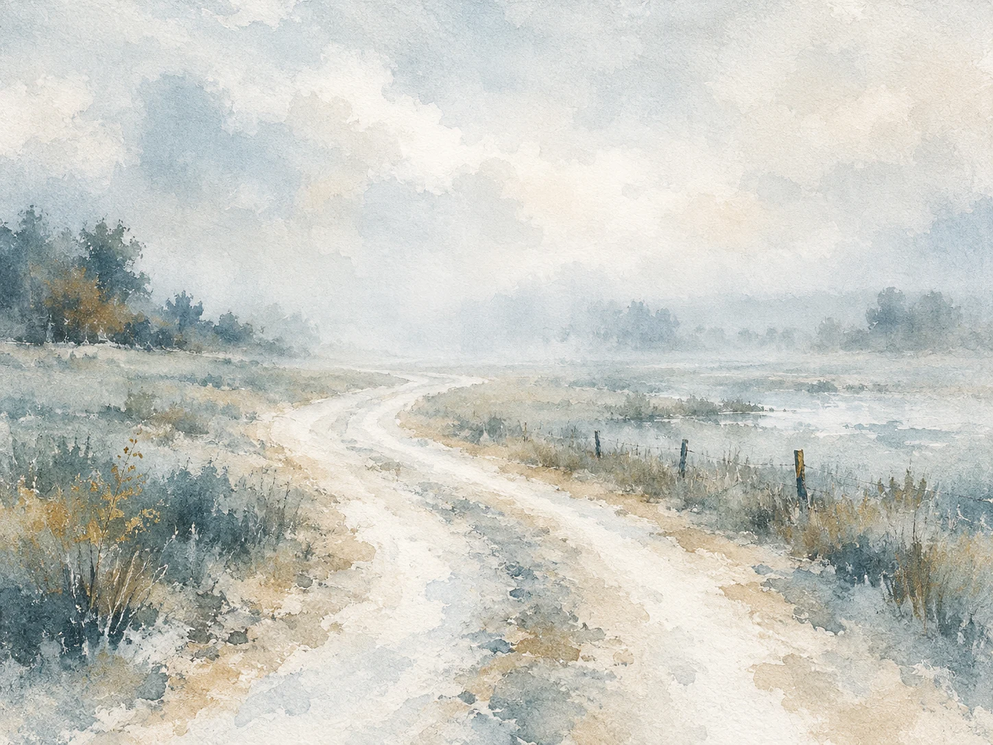 A dirt road curving into fog in cream, stone, white, gray; landscape artwork.