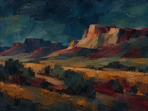 High desert with soft mesas in black, brown, burgundy, forest green; landscape artwork.