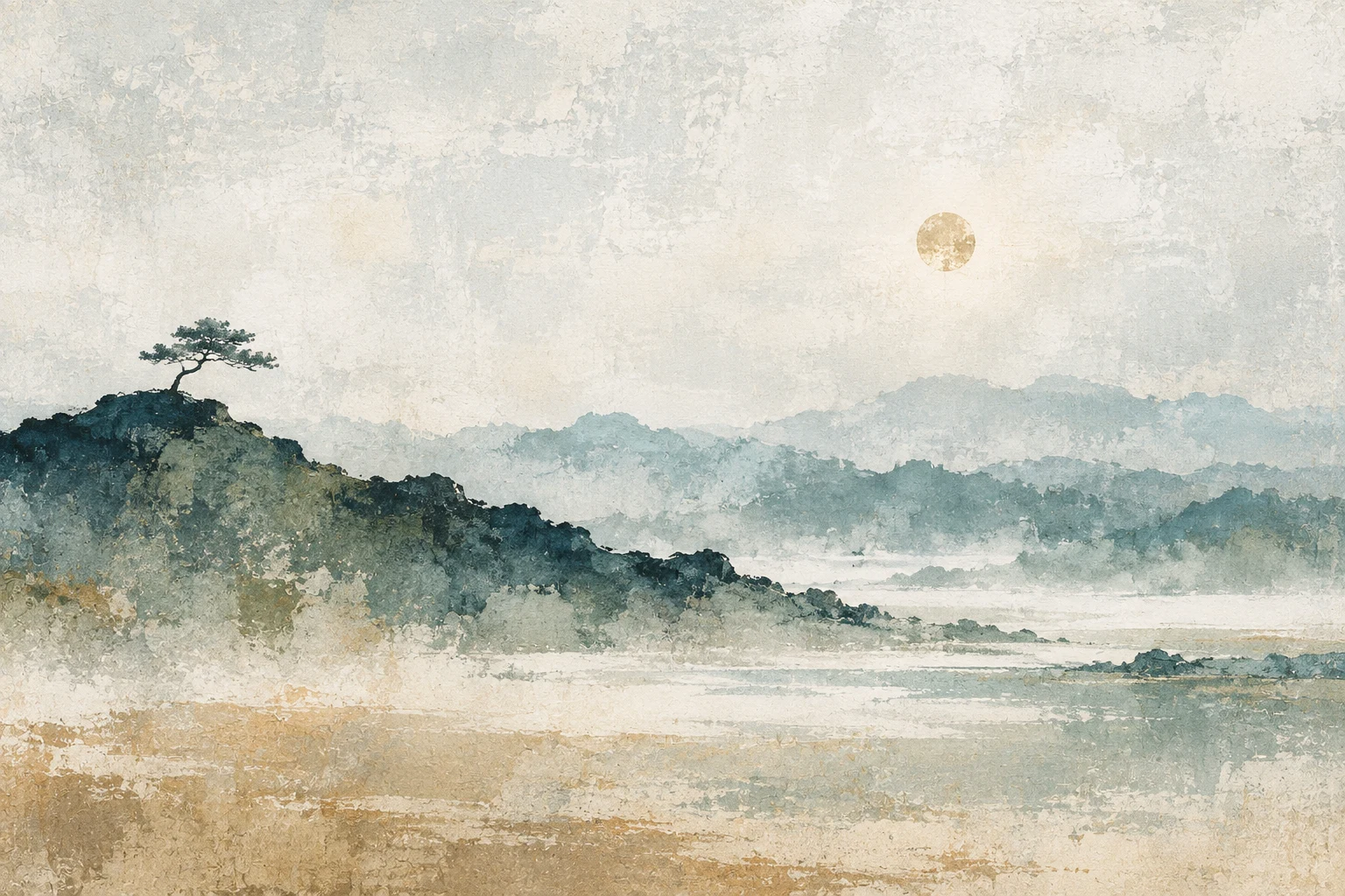 A hill with one tree at the top in cream, sand, white, stone; landscape artwork.