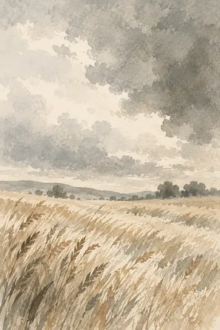 A wheat field under a heavy sky in cream, stone, gray, sand; portrait artwork.