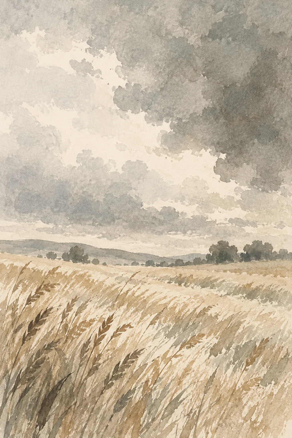A wheat field under a heavy sky in cream, stone, gray, sand; portrait artwork.