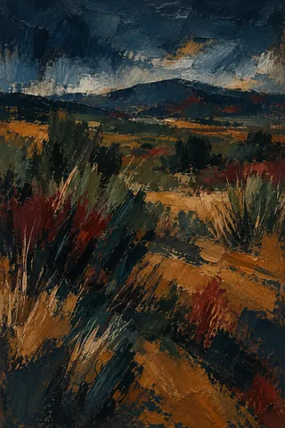 Scrubland with distant hills in black, brown, burgundy, olive; portrait artwork.