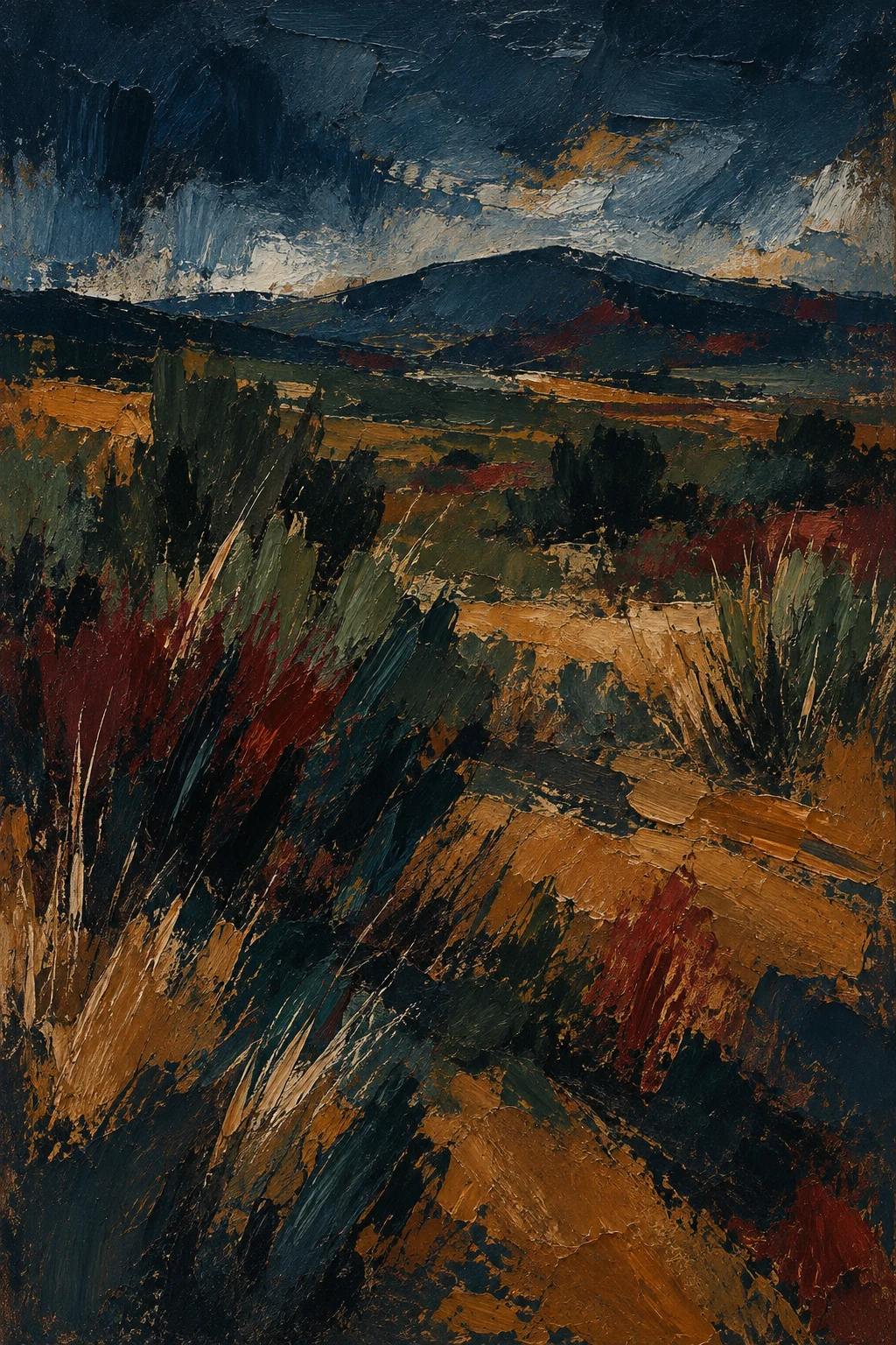 Scrubland with distant hills in black, brown, burgundy, olive; portrait artwork.