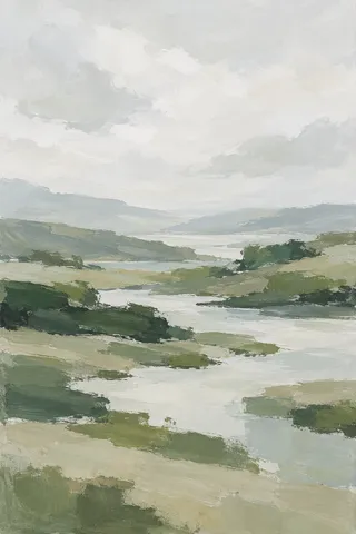 A low river valley under soft overcast light in cream, stone, sand, sage; portrait artwork.
