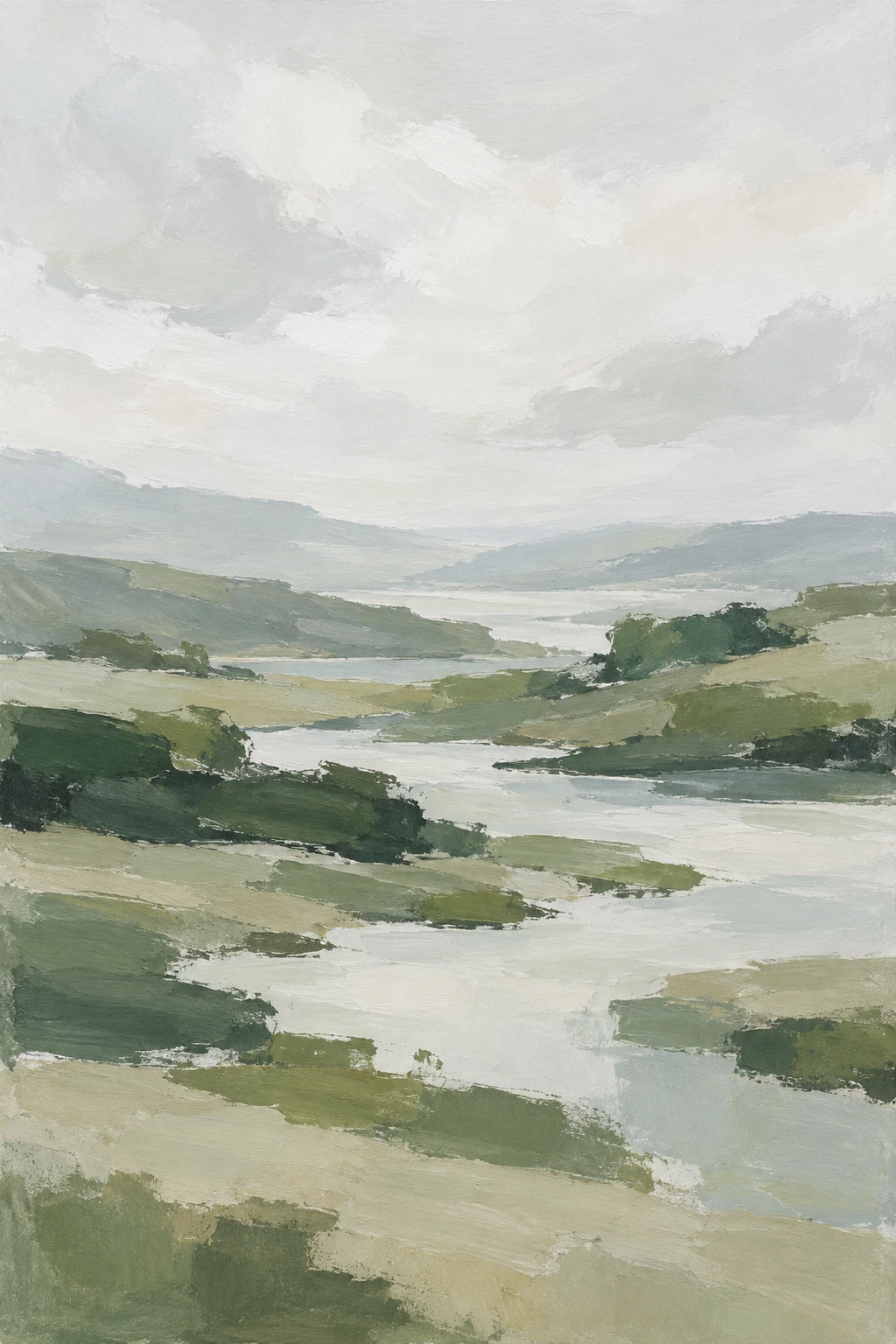 A low river valley under soft overcast light in cream, stone, sand, sage; portrait artwork.