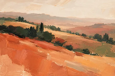 Rolling hills dissolving into haze in blush, cream, orange, ochre; landscape artwork.
