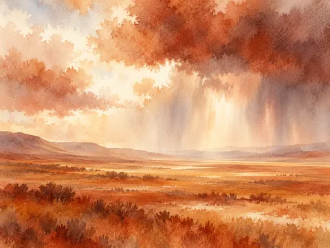 A wide plain with a distant storm in cream, blush, terracotta, orange; landscape artwork.