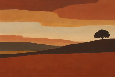 A single tree line on a ridge at dusk in rust, sand, burgundy, terracotta; landscape artwork.