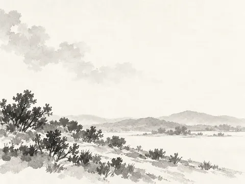 Scrubland with distant hills in white, cream, stone, gray; landscape artwork.