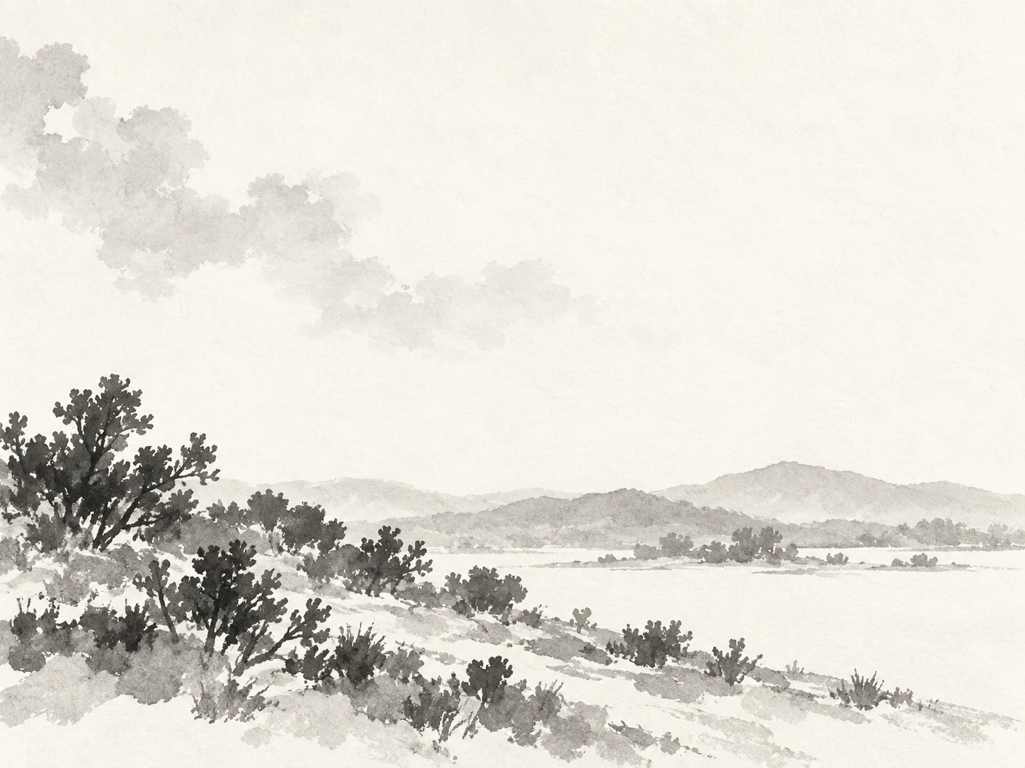 Scrubland with distant hills in white, cream, stone, gray; landscape artwork.