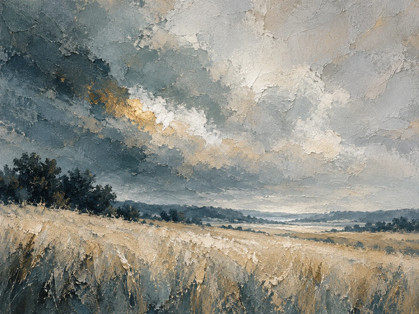 A wheat field under a heavy sky in gray, stone, charcoal, sand; landscape artwork.
