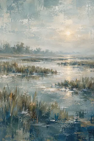 A marsh at first light in gray, stone, charcoal, cream; portrait artwork.