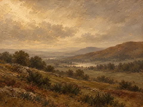 Rolling hills dissolving into haze in brown, sand, sage, olive; landscape artwork.