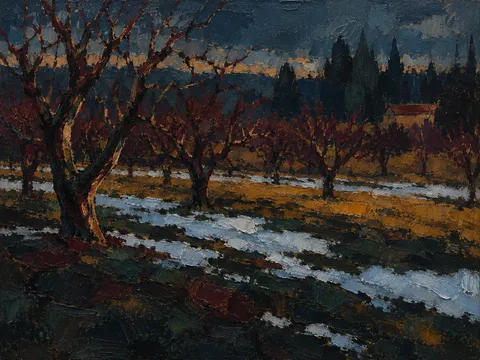 An orchard in winter in black, charcoal, burgundy; landscape artwork.