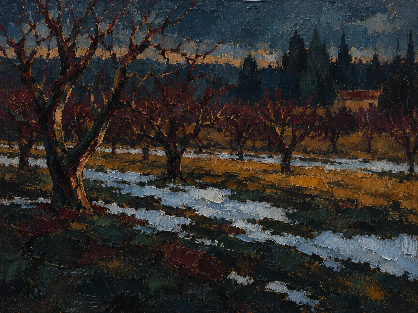 An orchard in winter in black, charcoal, burgundy; landscape artwork.