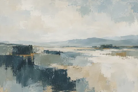 Scrubland with distant hills in cream, stone, charcoal, gray; landscape artwork.