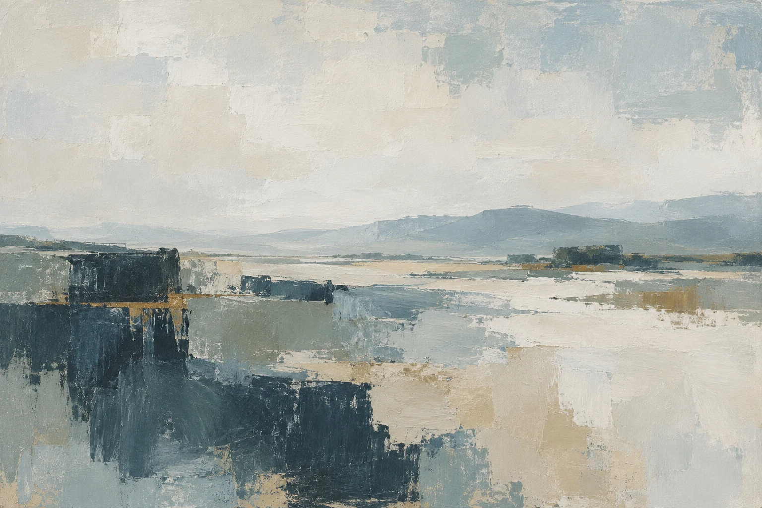 Scrubland with distant hills in cream, stone, charcoal, gray; landscape artwork.