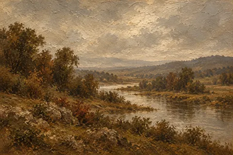A low river valley under soft overcast light in brown, sand, burgundy, taupe; landscape artwork.