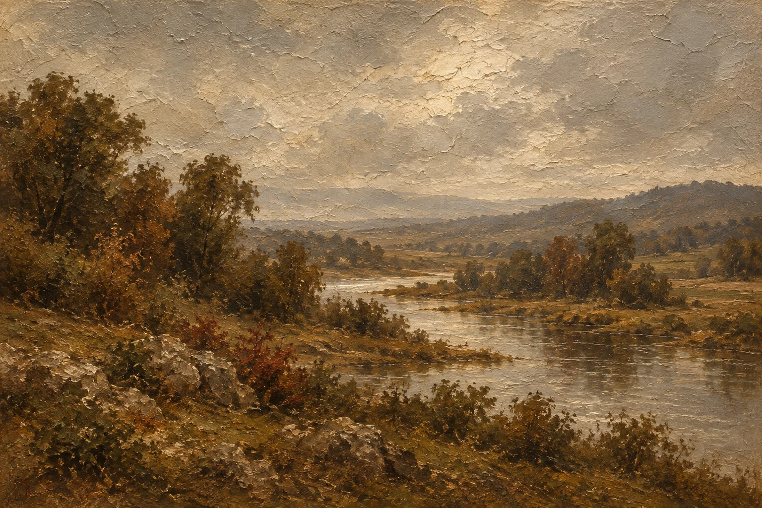 A low river valley under soft overcast light in brown, sand, burgundy, taupe; landscape artwork.