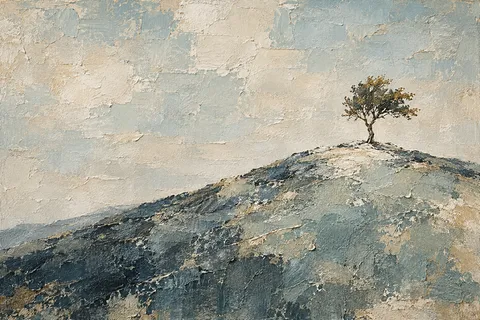 A hill with one tree at the top in stone, gray, cream, charcoal; landscape artwork.