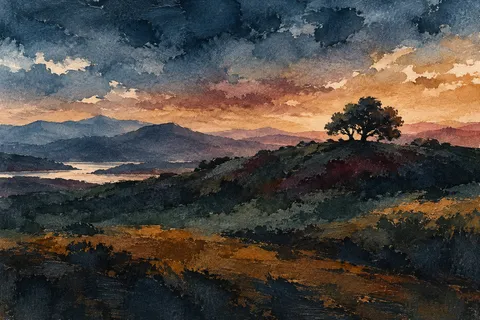 A single tree line on a ridge at dusk in black, charcoal, gray, blush; landscape artwork.