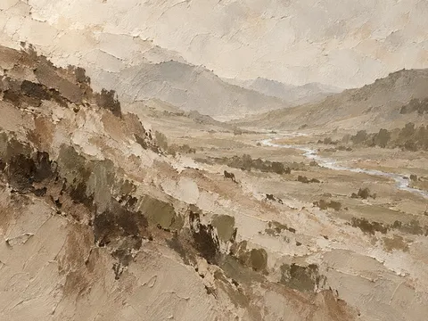 A valley floor with a thin silver stream in sand, stone, taupe, cream; landscape artwork.