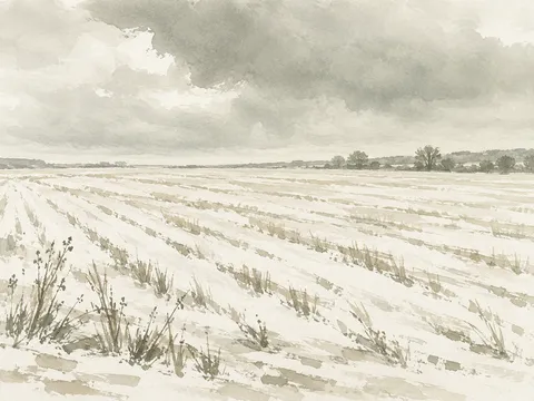A wheat field under a heavy sky in cream, white, stone; landscape artwork.