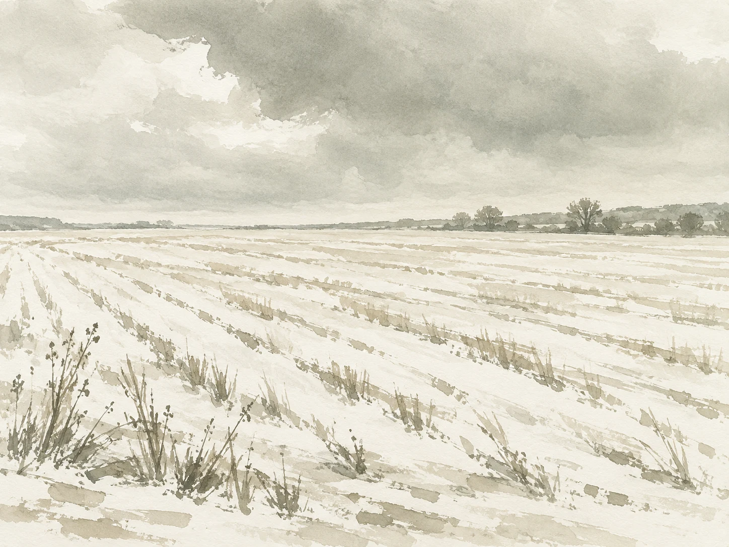 A wheat field under a heavy sky in cream, white, stone; landscape artwork.