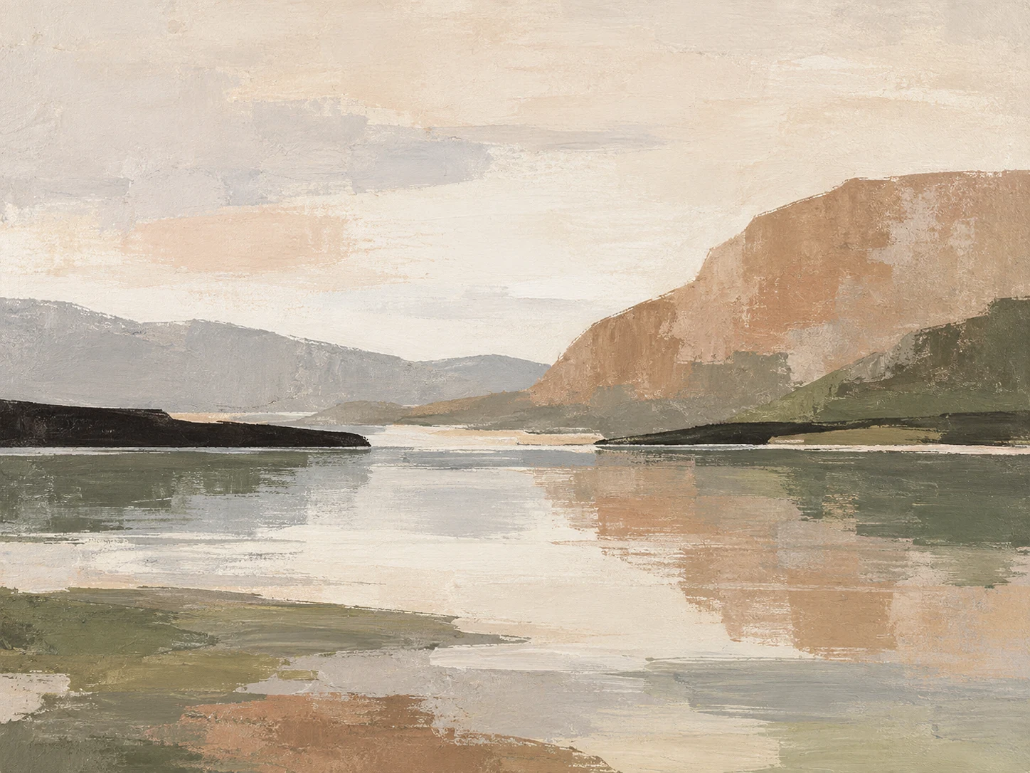 A mountain lake, still in cream, stone, sand, sage; landscape artwork.