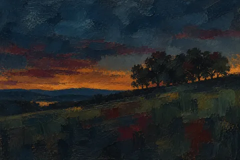 A single tree line on a ridge at dusk in black, navy, charcoal, brown; landscape artwork.