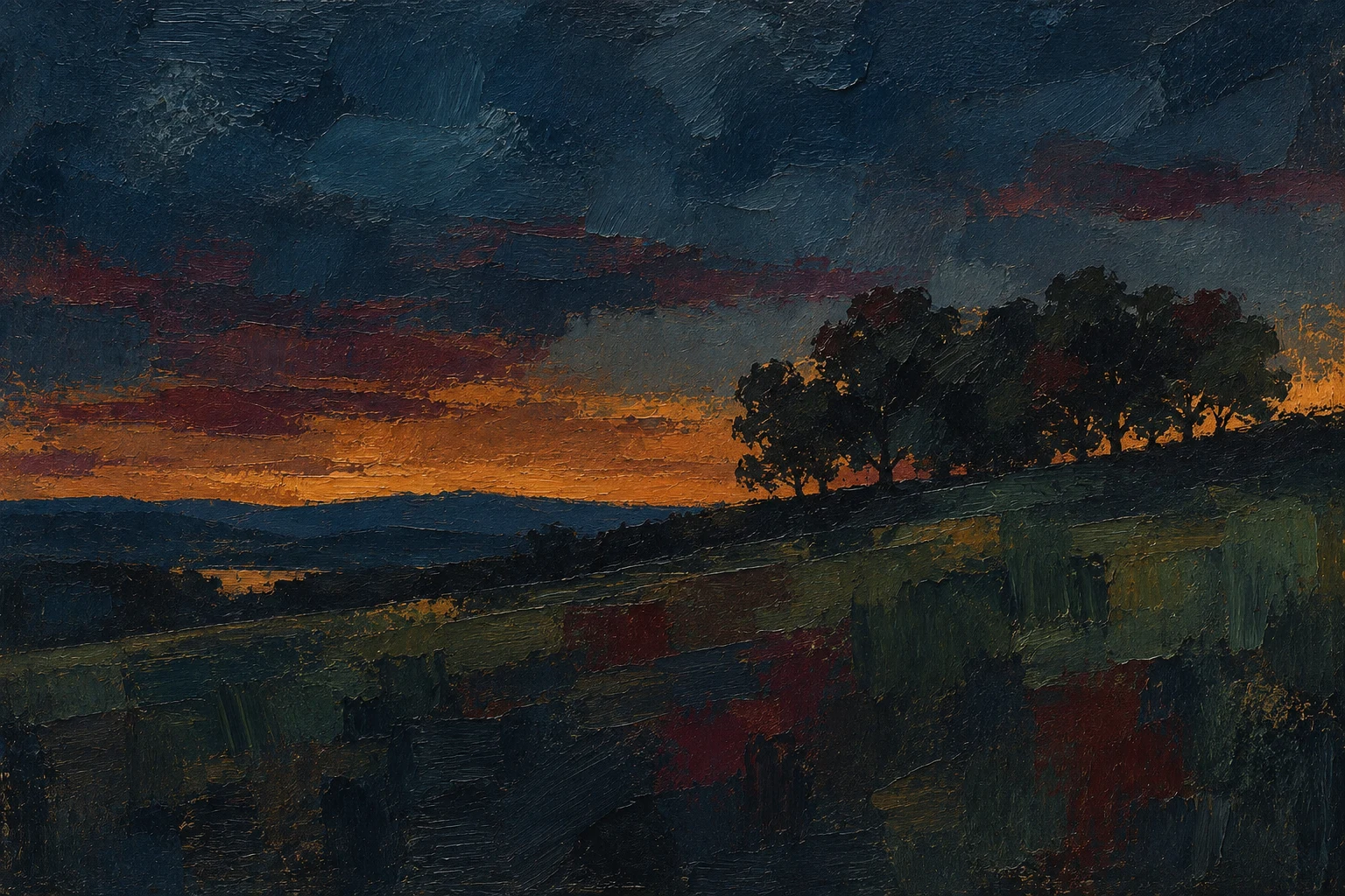 A single tree line on a ridge at dusk in black, navy, charcoal, brown; landscape artwork.