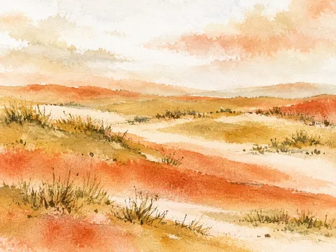 A dune field with sparse grass in blush, white, cream, yellow; landscape artwork.