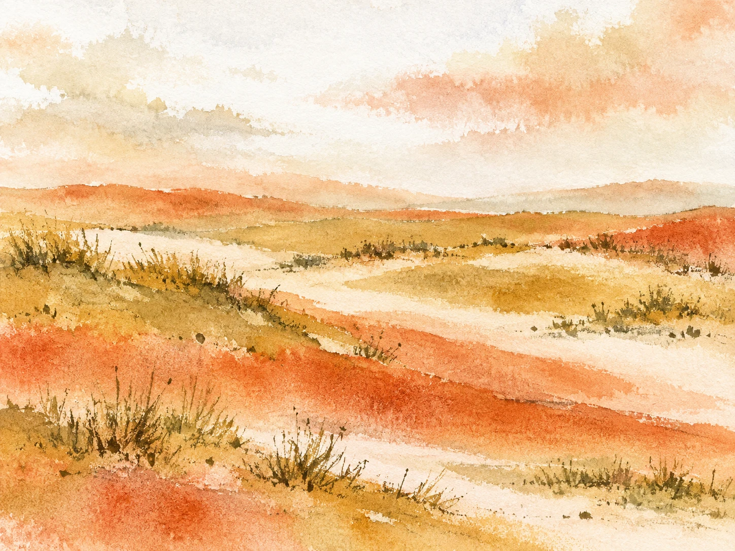 A dune field with sparse grass in blush, white, cream, yellow; landscape artwork.
