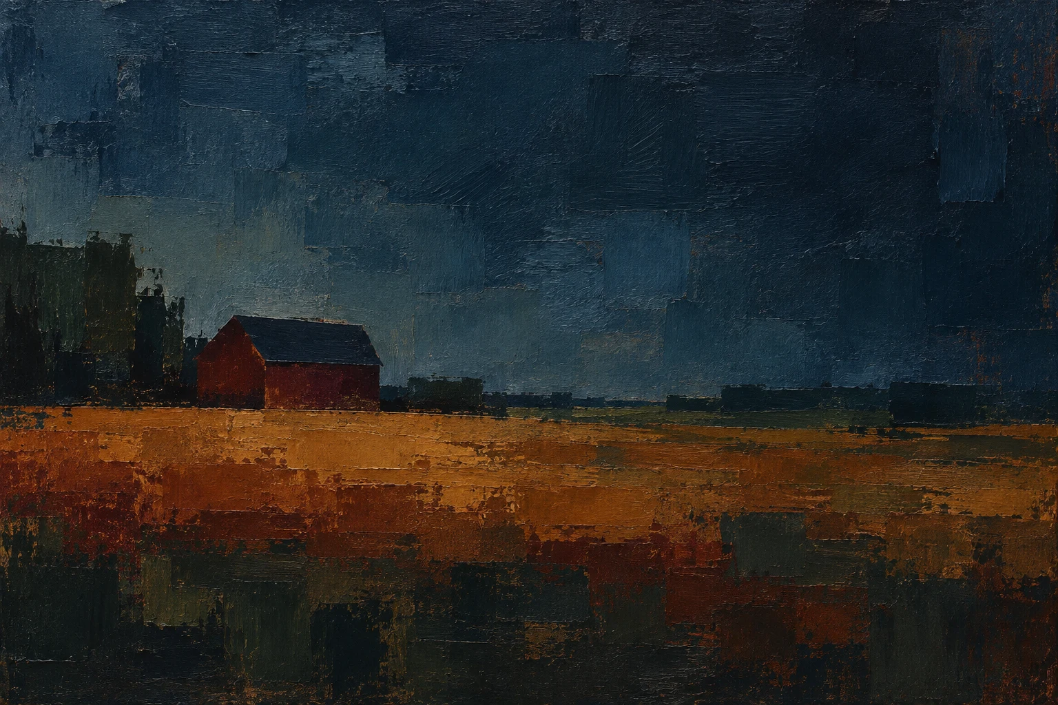 A lone barn far away in a wide field in black, navy, brown, charcoal; landscape artwork.