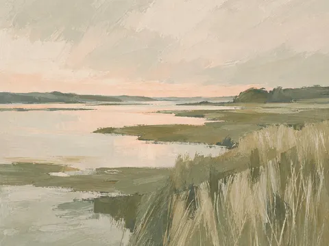 A marsh at first light in cream, taupe, sand, stone; landscape artwork.