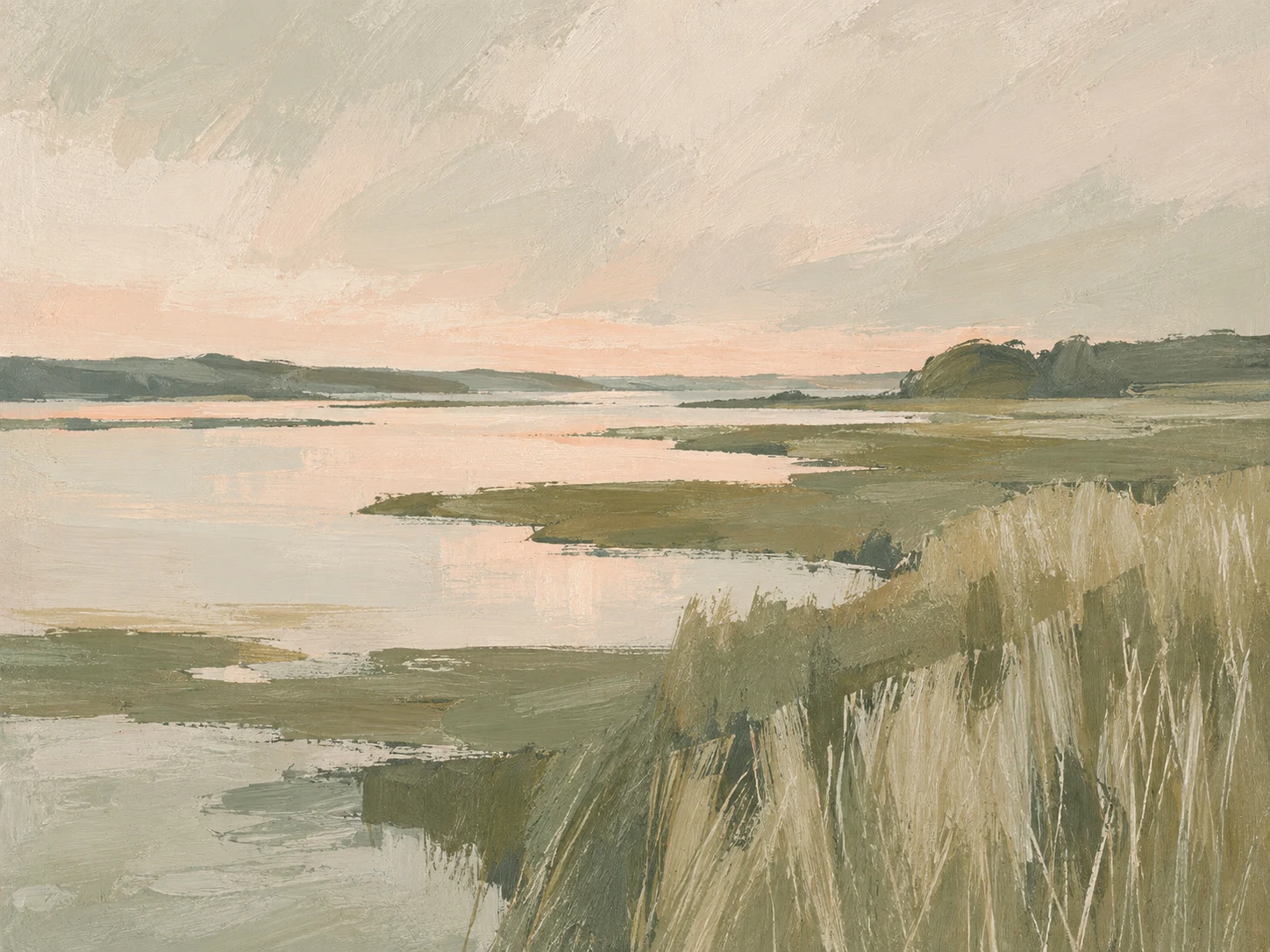 A marsh at first light in cream, taupe, sand, stone; landscape artwork.