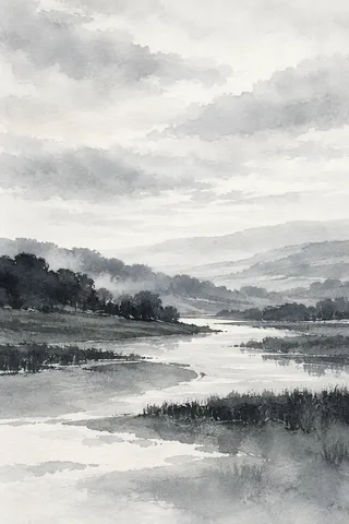 A low river valley under soft overcast light in white, cream, stone, gray; portrait artwork.