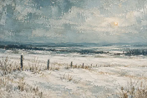 A snowfield with one dark fence line in stone, gray, cream; landscape artwork.