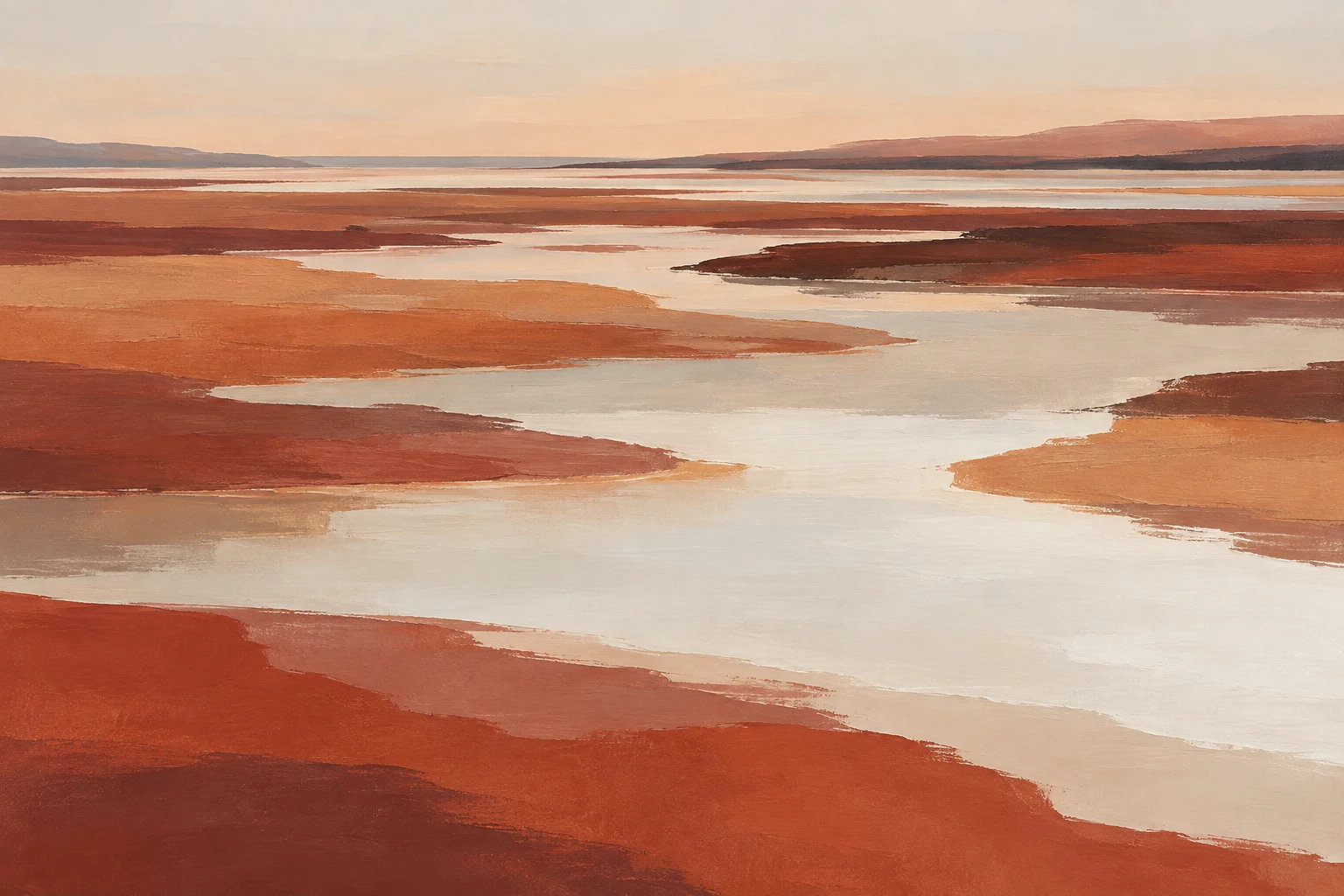 A marsh at first light in cream, stone, red, ochre; landscape artwork.