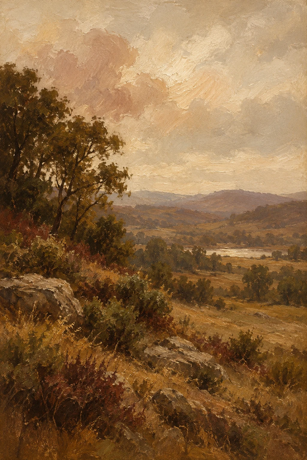 Scrubland with distant hills in brown, sand, olive, burgundy; portrait artwork.