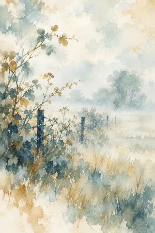A hedgerow line in mist in cream, stone, sand, white; portrait artwork.