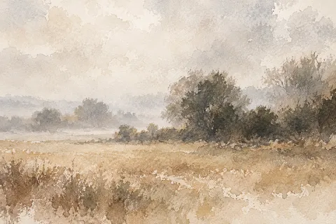 A hedgerow line in mist in cream, sand, sage, stone; landscape artwork.